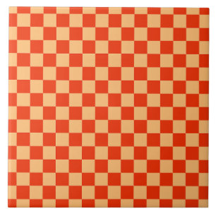 Red and Peach Check Chequered Chequerboard Pattern Ceramic Tile