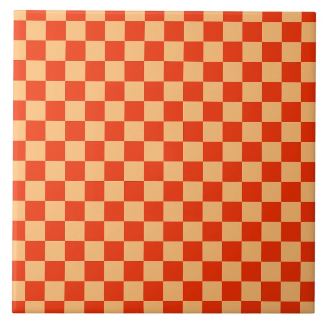 Red and Peach Check Chequered Chequerboard Pattern Ceramic Tile (Front)