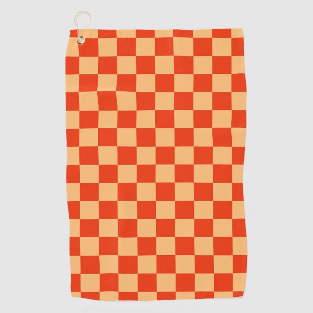 Red and Peach Check Chequered Chequerboard Pattern Golf Towel (Front)