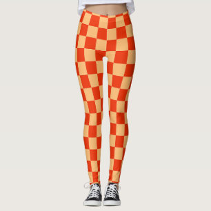 Red and Peach Check Chequered Chequerboard Pattern Leggings
