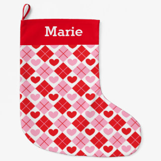 Red and Pink Argyle Heart Pattern Large Christmas Stocking