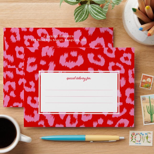 Red and Pink Bold Leopard Print Envelope (Desk)