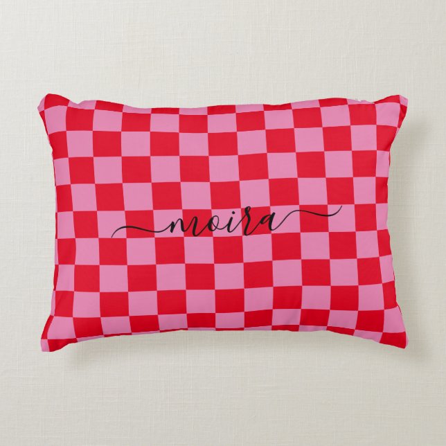 Red and Pink Check Girly Name Decorative Cushion (Front)
