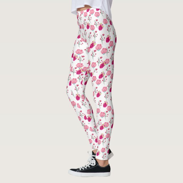 red and Pink cherry blossom Pattern Leggings (Left)