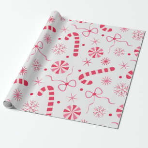 Red and Pink Christmas Candy with Bows and snow Wrapping Paper