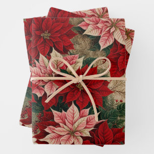 Red and Pink Christmas Poinsettia Flowers, Berries Wrapping Paper Sheet
