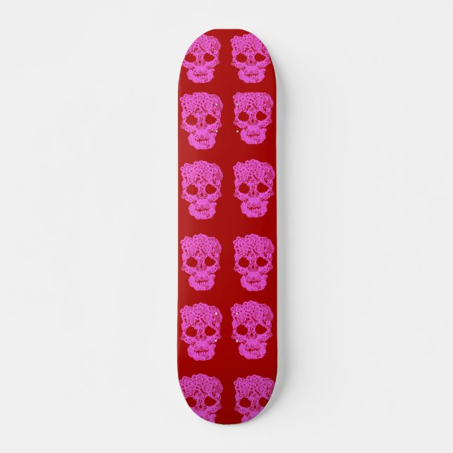 Red and pink crothet skull skateboard (Front)