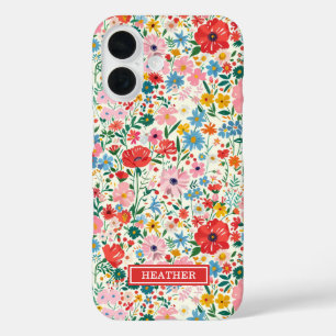 Red and Pink Ditsy Flowers Monogrammed iPhone 16 Case