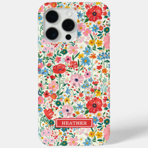 Red and Pink Ditsy Flowers Monogrammed iPhone 15 Pro Max Case