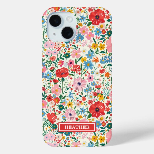 Red and Pink Ditsy Flowers Monogrammed Case-Mate iPhone Case (Back)