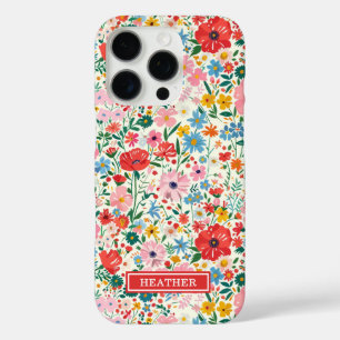 Red and Pink Ditsy Flowers Monogrammed iPhone 16 Pro Case