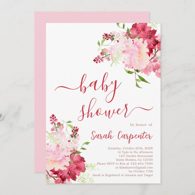 Red and Pink Floral Baby Shower Girl Invitation (Front/Back)