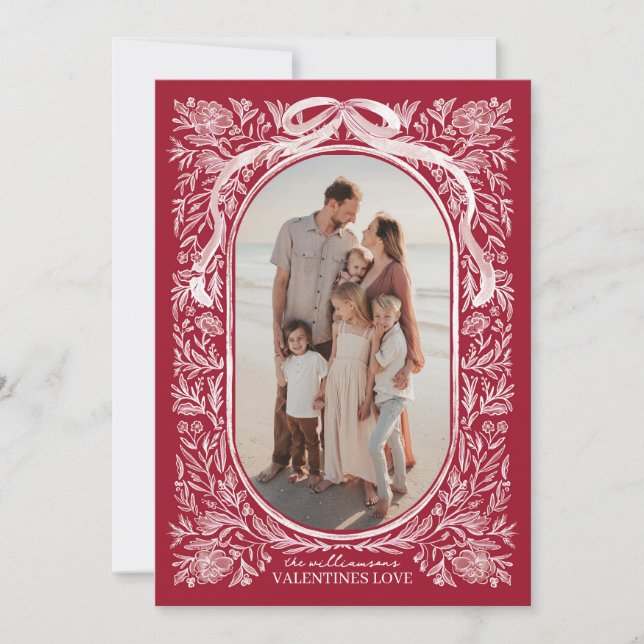 Red and Pink Floral & Bow Valentine Photo Card (Front)