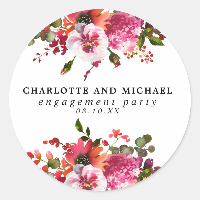 Red and Pink Floral Engagement Party Classic Round Sticker (Front)