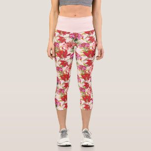 Red and Pink Floral Hibiscus Capri Leggings