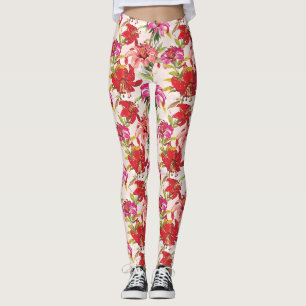 Red and Pink Floral Hibiscus Leggings