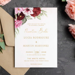 Red and Pink Floral White Nuestra Boda Invitation