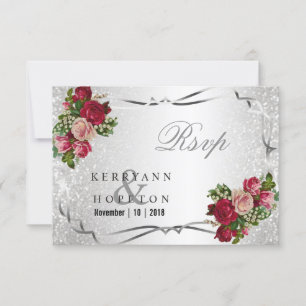Red and Pink Flowers and Silver Glitter - RSVP Card