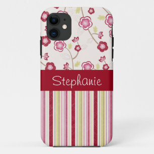 Red and Pink Flowers and Stripes Personalised iPhone 11 Case