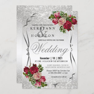 Red and Pink Flowers with Silver Glitter Invitation