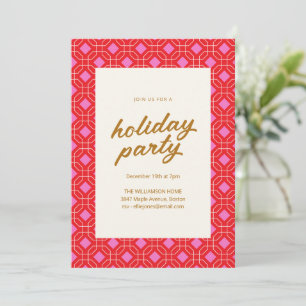 Red and Pink Geometric Gold Script Holiday Party Invitation