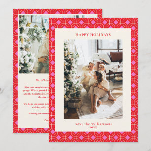 Red and Pink Geometric Photo Letter Christmas Holiday Card