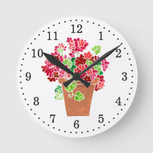 Red and Pink Geraniums in Pot Floral Round Clock