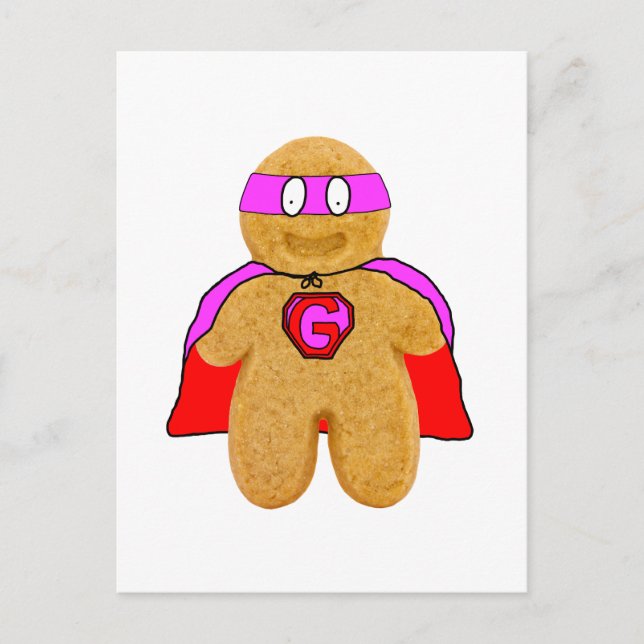 red and pink gingerbread man super hero postcard (Front)