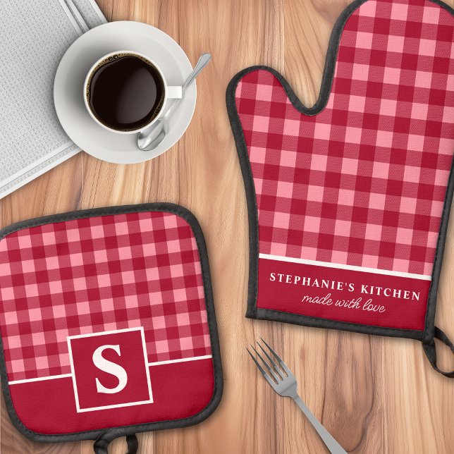 Red And Pink Gingham Plaid Chequered Monogrammed Oven Mitt & Pot Holder Set (Creator Uploaded)