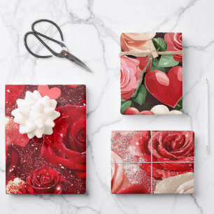 Red and Pink Glitter Hearts and Roses Valentine's Wrapping Paper Sheet