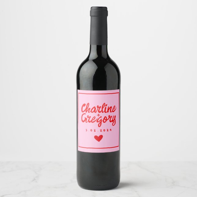 Red and Pink Heart Modern Handwritting  Wine Label (Front)