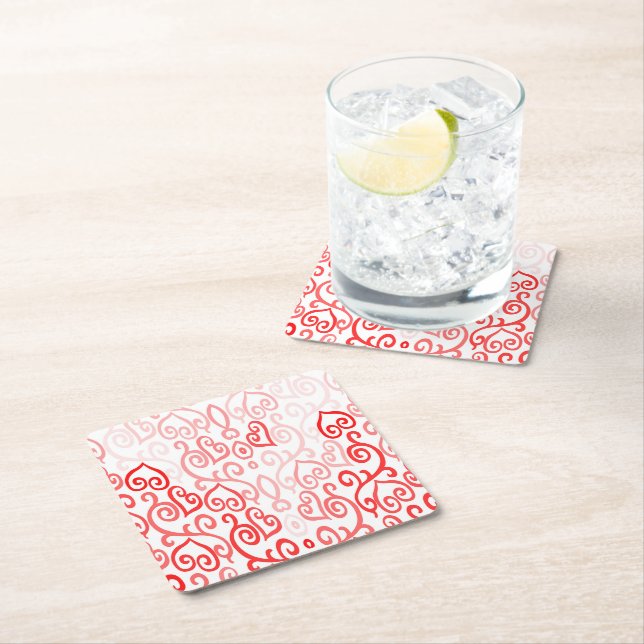 Red and Pink Heart Pattern Square Paper Coaster (Insitu)