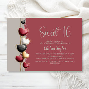 Red and Pink Heart Theme Sweet 16 Birthday Invitation
