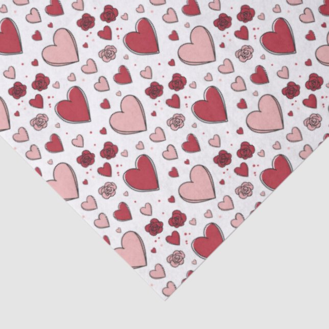 Red and Pink Hearts and Roses Doodle Art Tissue Paper (Detail)