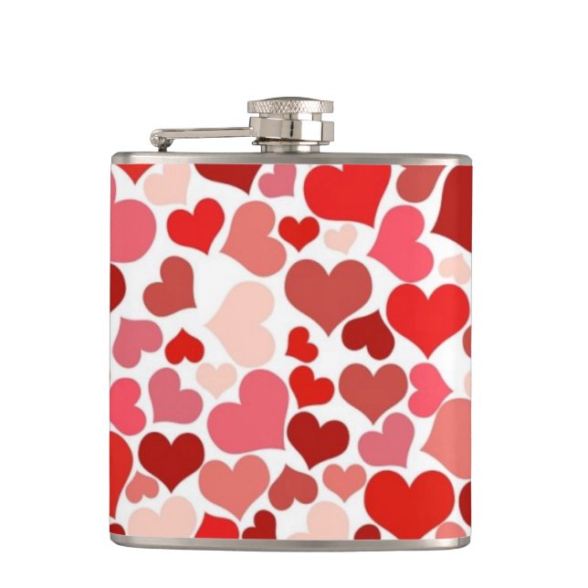 Red and Pink Hearts Mosaic Pattern Hip Flask (Front)