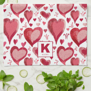 Red and Pink Hearts Pattern Drawing Monogram Tea Towel