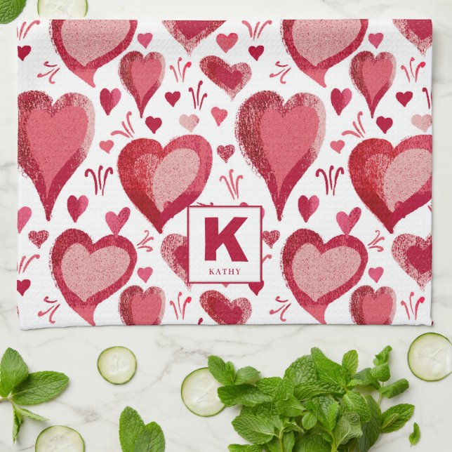 Red and Pink Hearts Pattern Drawing Monogram Tea Towel (Folded)