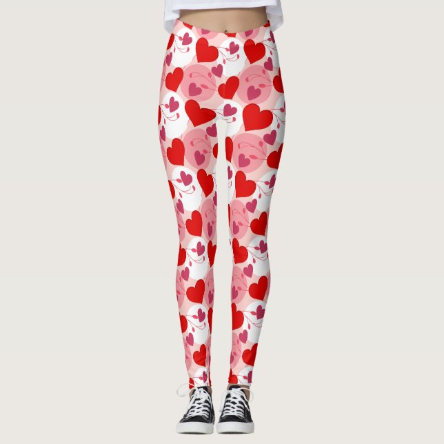 Red and Pink Hearts Valentines Day Pattern Leggings (Front)