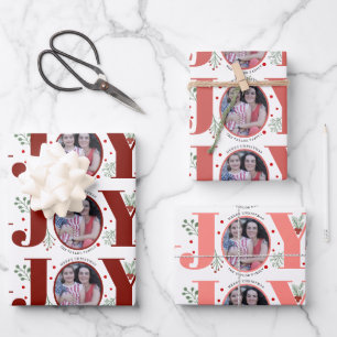 Red and pink Joy Christmas holiday photo Wrapping Paper Sheet