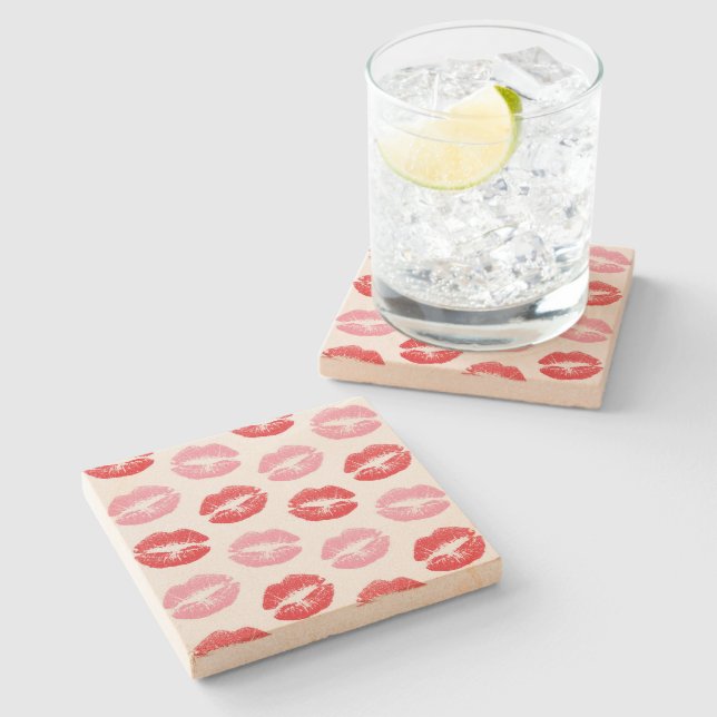 Red and Pink Lips, Pattern Of Lips, Lipstick, Kiss Stone Coaster (Side)