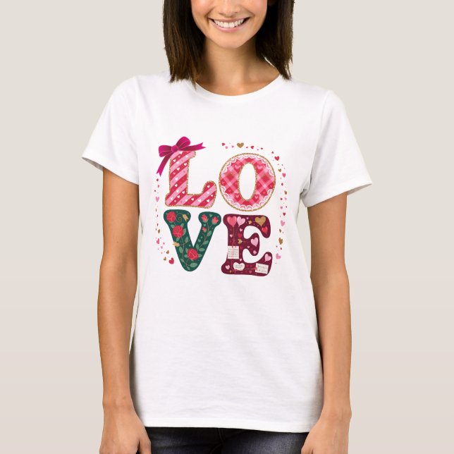 Red and Pink Love Lettering Floral Hearts Art T-Shirt (Front)