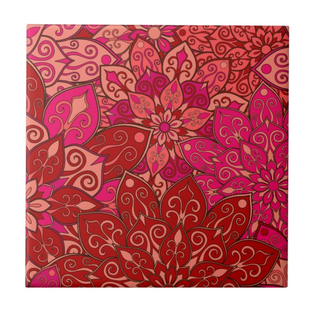 Red and pink mandala pattern ceramic tile (Front)