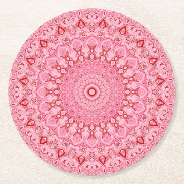 Red and Pink Mandala Pattern Design Round Paper Coaster (Front)