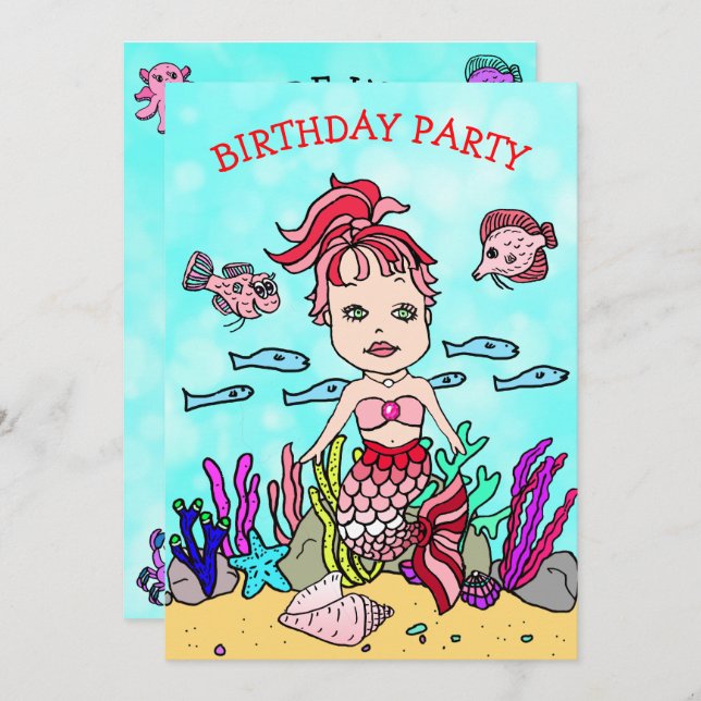 Red and Pink Mermaid Under the Sea Birthday Party Invitation (Front/Back)