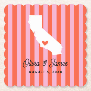 Red and Pink Modern Stripes California Wedding Paper Coaster
