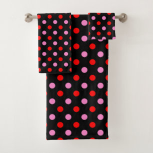 Red and Pink On Black Polka Dots Design Bath Towel Set