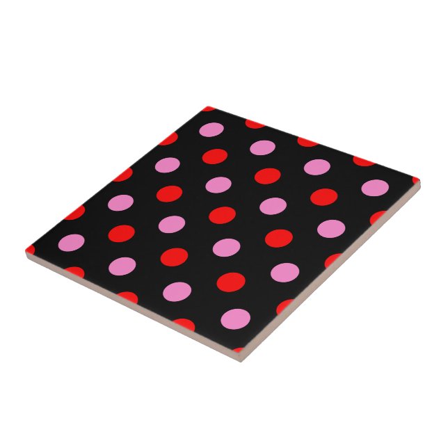 Red and Pink On Black Polka Dots Design  Ceramic Tile (Side)