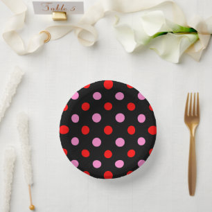 Red and Pink On Black Polka Dots Design Paper Plate