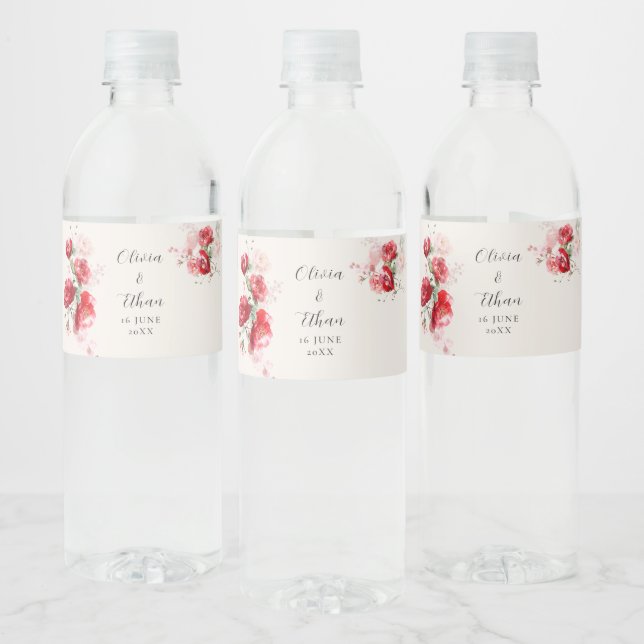 Red and Pink Paper Roses  Water Bottle Label (Bottles)