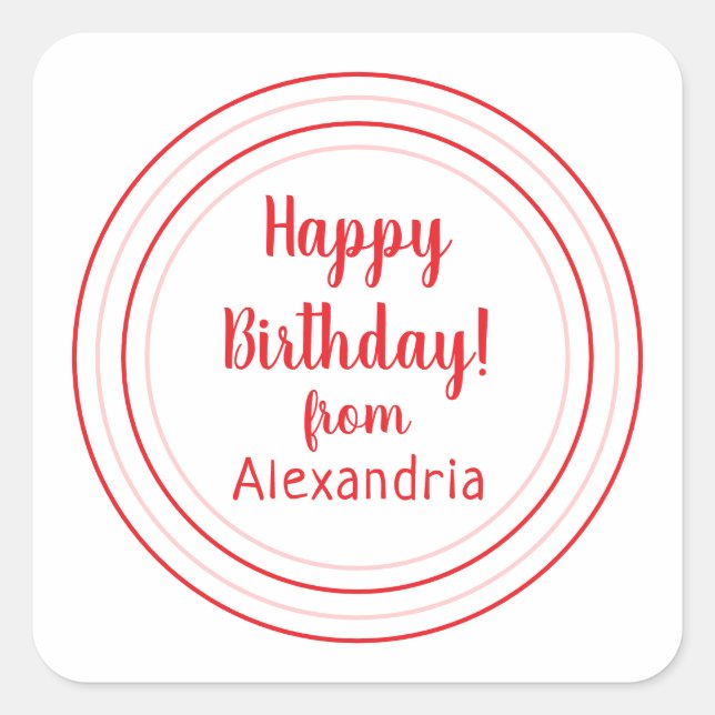 Red and Pink Personalized Happy Birthday Square Sticker (Front)